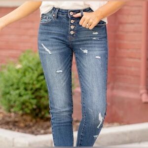 KanCan Blakely Button Fly Mid Rise Distressed Ripped Ankle Skinny Jeans